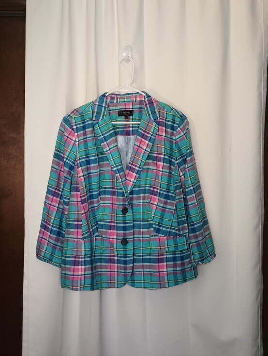 Jackets & Blazers - Talbots Womens Madras Plaid Linen Blazer 16W 3/4 Sleeve Preppy Colorful Summer